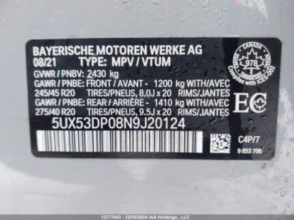 5UX53DP08N9J20124 2022 BMW