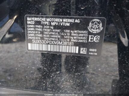 5UX53DP0XN9M38181 2022 BMW