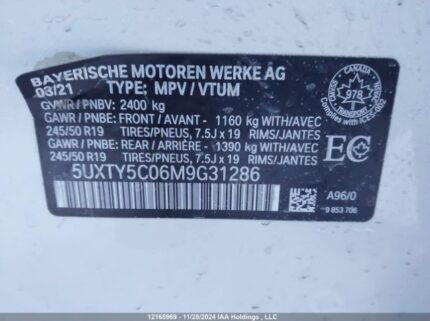 5UXTY5C06M9G31286 2021 BMW