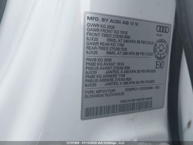 WA1AVAF16KD010648 2019 AUDI