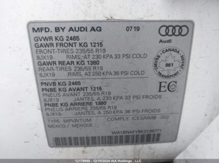 WA1BNAFY6K2138771 2019 AUDI