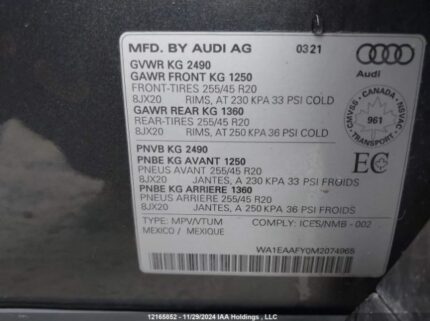 WA1EAAFY0M2074965 2021 AUDI