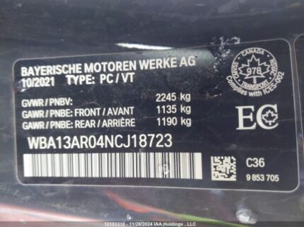 WBA13AR04NCJ18723 2022 BMW