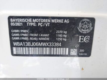 WBA13BJ06MWX33384 2021 BMW