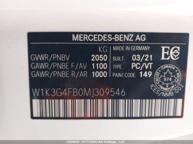 W1K3G4FB0MJ309546 2021 MERCEDES-BENZ