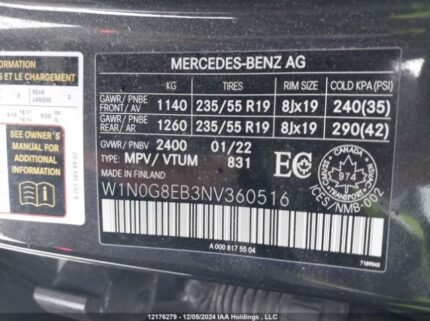 W1N0G8EB3NV360516 2022 MERCEDES-BENZ