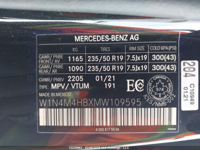 W1N4M4HBXMW109595 2021 MERCEDES-BENZ