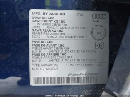 WA1AAAFY4M2130016 2021 AUDI