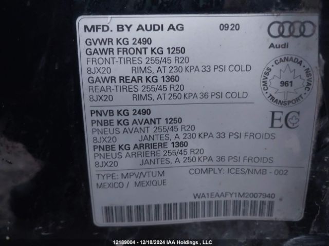 WA1EAAFY1M2007940 2021 AUDI