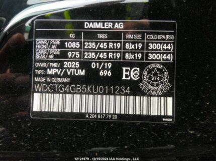 WDCTG4GB5KU011234 2019 MERCEDES-BENZ
