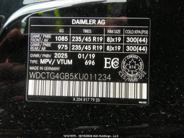 WDCTG4GB5KU011234 2019 MERCEDES-BENZ