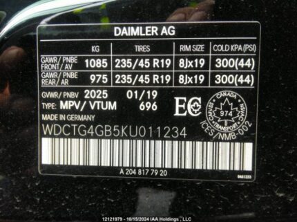 WDCTG4GB5KU011234 2019 MERCEDES-BENZ