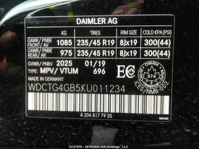 WDCTG4GB5KU011234 2019 MERCEDES-BENZ