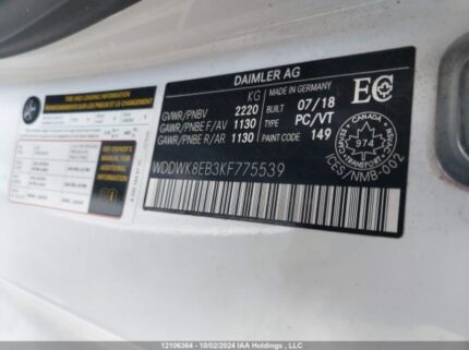 WDDWK8EB3KF775539 2019 MERCEDES-BENZ