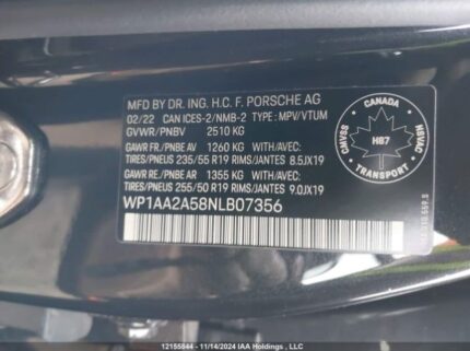WP1AA2A58NLB07356 2022 PORSCHE