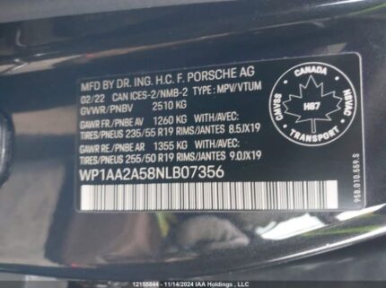 WP1AA2A58NLB07356 2022 PORSCHE
