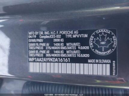 WP1AA2AY9KDA16161 2019 PORSCHE