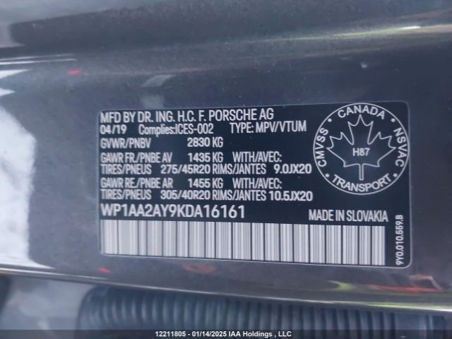 WP1AA2AY9KDA16161 2019 PORSCHE