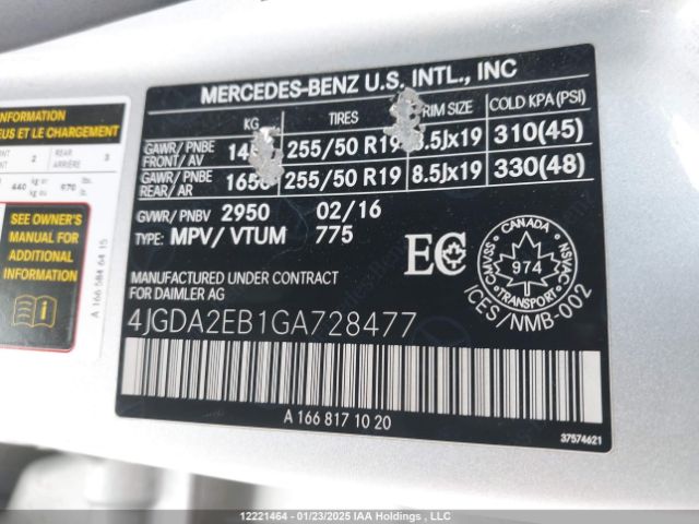 4JGDA2EB1GA728477 2016 MERCEDES-BENZ