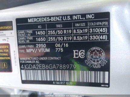 4JGDA2EB6GA788979 2016 MERCEDES-BENZ
