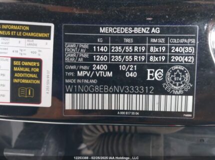 W1N0G8EB6NV333312 2022 MERCEDES-BENZ