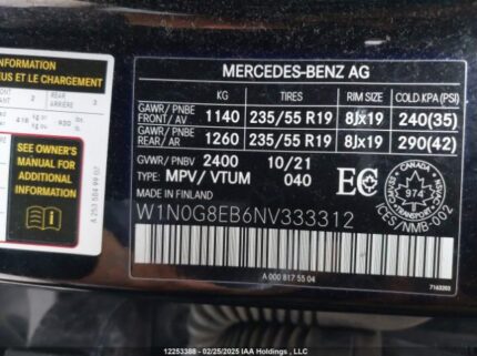 W1N0G8EB6NV333312 2022 MERCEDES-BENZ