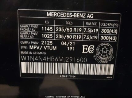 W1N4N4HB6MJ291600 2021 MERCEDES-BENZ