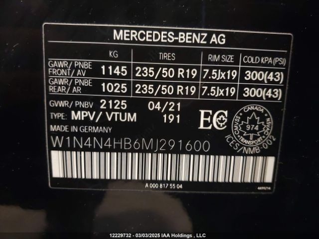 W1N4N4HB6MJ291600 2021 MERCEDES-BENZ