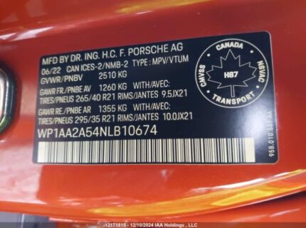 WP1AA2A54NLB10674 2022 PORSCHE