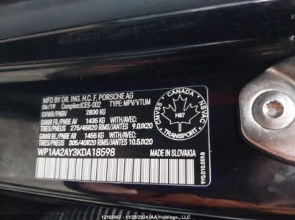 WP1AA2AY3KDA18598 2019 PORSCHE