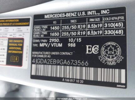 4JGDA2EB9GA673566 2016 MERCEDES-BENZ