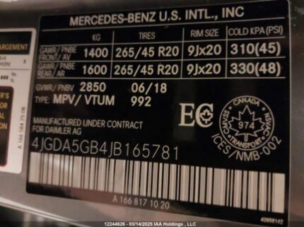 4JGDA5GB4JB165781 2018 MERCEDES-BENZ