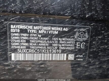 5UXCR6C51KLL13619 2019 BMW