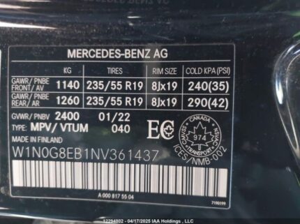 W1N0G8EB1NV361437 2022 MERCEDES-BENZ
