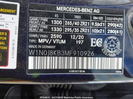 W1N0J8KB3MF910926 2021 MERCEDES BENZ