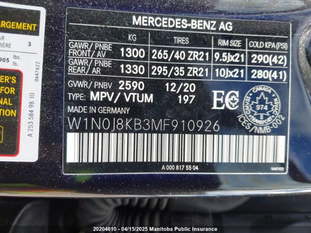 W1N0J8KB3MF910926 2021 MERCEDES BENZ