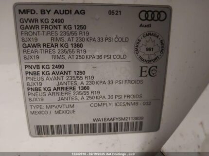WA1EAAFY5M2113839 2021 AUDI