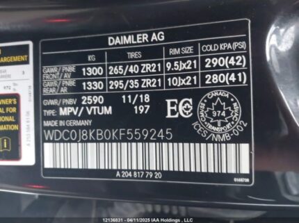 WDC0J8KB0KF559245 2019 MERCEDES-BENZ