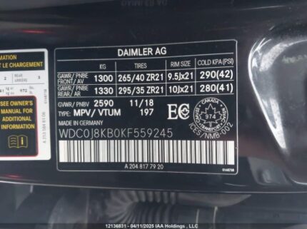 WDC0J8KB0KF559245 2019 MERCEDES-BENZ