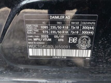 WDCTG4GB0LJ650091 2020 MERCEDES-BENZ
