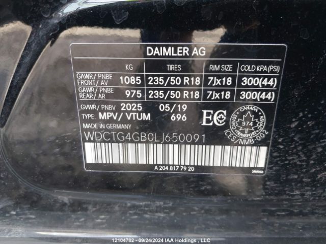 WDCTG4GB0LJ650091 2020 MERCEDES-BENZ
