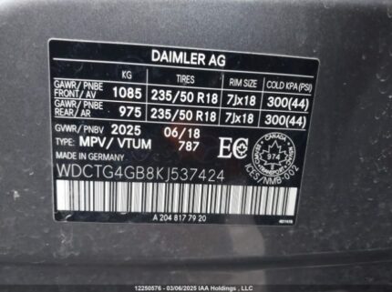 WDCTG4GB8KJ537424 2019 MERCEDES-BENZ