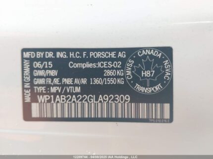 WP1AB2A22GLA92309 2016 PORSCHE