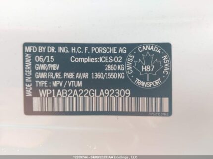 WP1AB2A22GLA92309 2016 PORSCHE