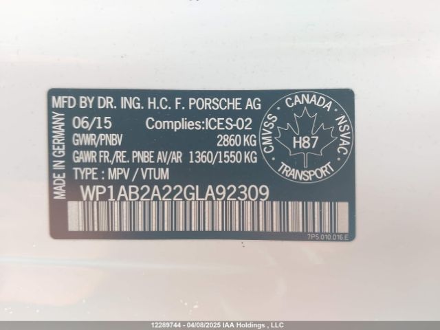 WP1AB2A22GLA92309 2016 PORSCHE