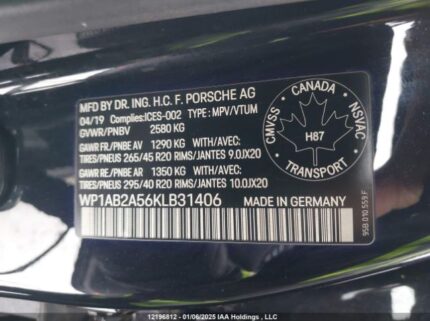 WP1AB2A56KLB31406 2019 PORSCHE