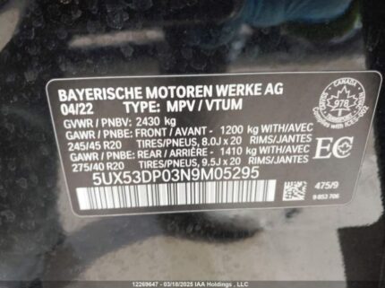 5UX53DP03N9M05295 2022 BMW