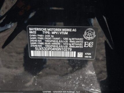 5UX53DP04N9N10279 2022 BMW