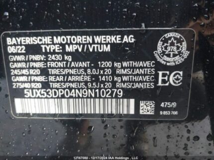 5UX53DP04N9N10279 2022 BMW