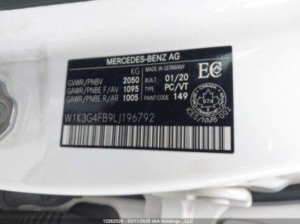 W1K3G4FB9LJ196792 2020 MERCEDES-BENZ
